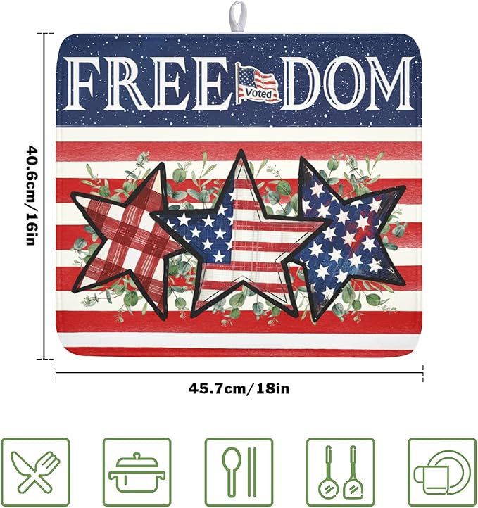 4th of July Dish Drying Mat 18x16 Inch, Patriotic Drying Mat with Absorbent Reversible Microfiber, Independence Day Dish Drainer Mats Memorial Day Rack Pad for Coffee Countertop Kitchen Protector