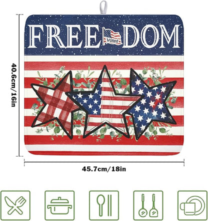 4th of July Dish Drying Mat 18x16 Inch, Patriotic Drying Mat with Absorbent Reversible Microfiber, Independence Day Dish Drainer Mats Memorial Day Rack Pad for Coffee Countertop Kitchen Protector