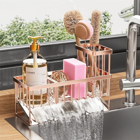 Cisily Sink Caddy Organzier with High Brush Holder, Sponge Holder for Sink, 304 Rustproof Stainless, Kitchen Countertop Soap Dispenser Organizer, Rose Gold Kitchen Decor and Accessories by CISILYHOMELIFE