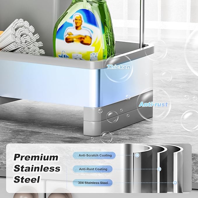 Ewaiira Stainless Steel Sink Caddy, Sponge Holder for Kitchen Sink with Brush Holder & Dishcloth Rack, Rustproof Sink Organizer Countertop, Kitchen Organizers Storage Essentials (F-Gray 9.8″) - Image 2