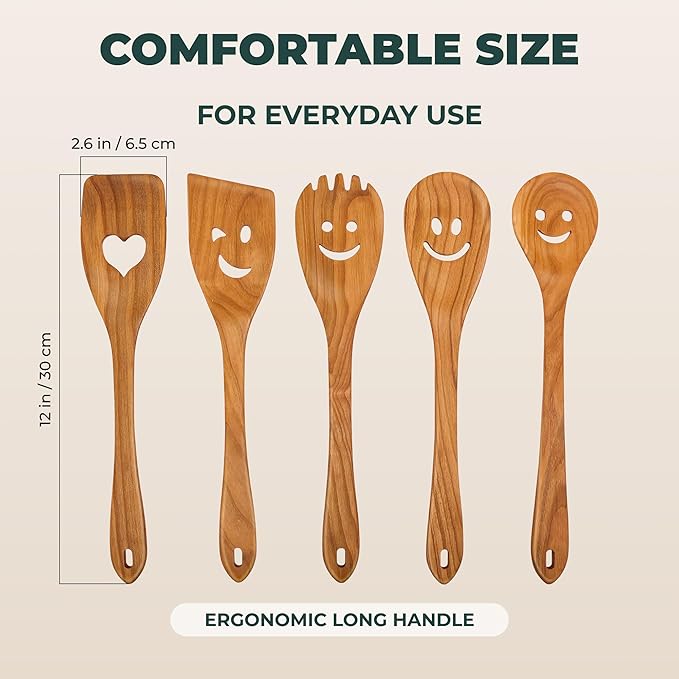 MFC 5-Piece Wooden Cooking Spoons - Kitchen Set from Natural Cherry Wood - Wooden Spoons for Cooking - Funny Utensil Set with Smiley Faces - Cooking Multipurpose Wood Utensils - Image 9
