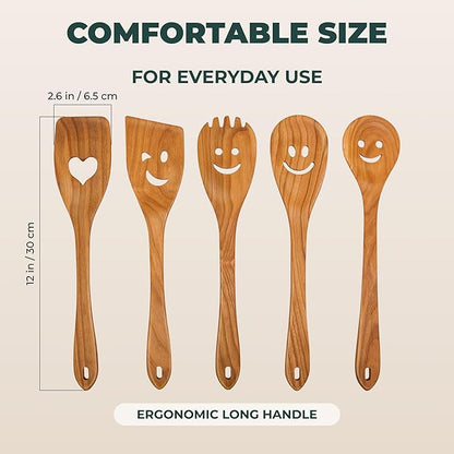 MFC 5-Piece Wooden Cooking Spoons - Kitchen Set from Natural Cherry Wood - Wooden Spoons for Cooking - Funny Utensil Set with Smiley Faces - Cooking Multipurpose Wood Utensils - Image 9