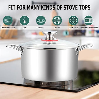 TeamFar 8 Quart Stock Pot, Stainless Steel Tri-ply Stockpot Pasta Cooking Pot with Glass Lid, for Induction Electric Gas Ceramic Stoves, Toxic Free & Heavy Duty, Double Handles & Dishwasher Safe