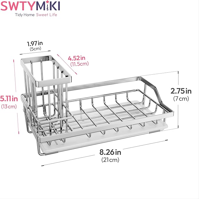 SWTYMIKI Multifunctional Kitchen Sink Caddy - Large Sponge Holder for Kitchen Sink with Removable Brush Holder + Drip Tray, Silver - Image 7