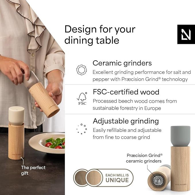 LARS NYSØM Wooden Salt and Pepper Grinder Set Manual - Salt and Pepper Mills with Adjustable Ceramic Grinder - Elegant Beechwood Pepper and Salt Mill Set for Dining Table (Ash Gray)
