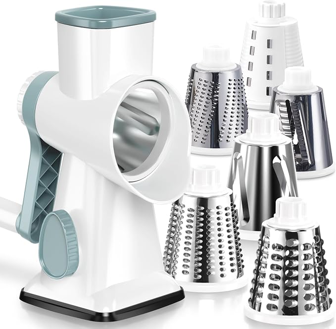KEOUKE Rotary Cheese Grater Pro 6 in 1 - Shredder Crinkle Slicer Grinder Ice Shaver, Stable Suction, Time-saving Easy Use & Clean, Safe Morden Kitchen Tool for Cheese, Vegetable, Nuts, Chocolate by KEOUKE