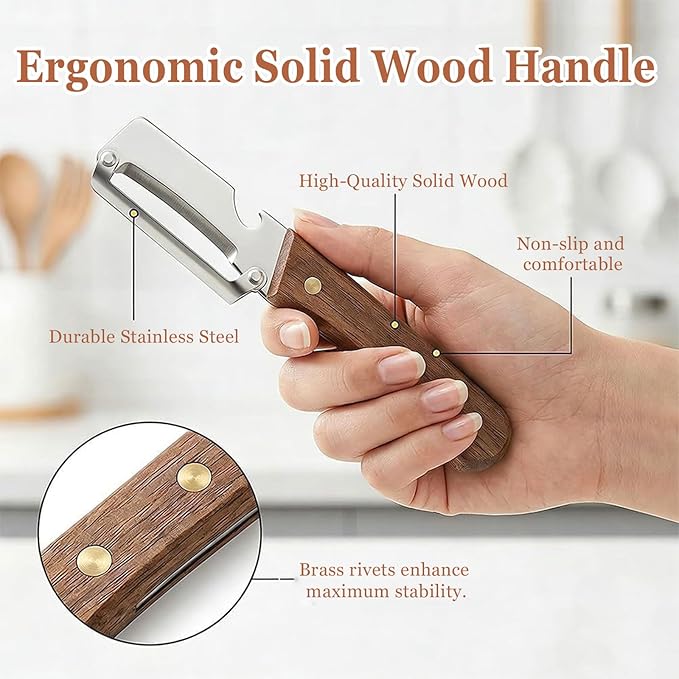 2 Pack 2 in 1 Multifunctional Vegetable Peeler, Sharp Stainless Steel Blade, Wooden Handle & Bottle Opener, Non-Slip Ergonomic Tool for Potato, Apple, Carrot, Pumpkin, Pineapple, Papaya, Zucchini - Image 3