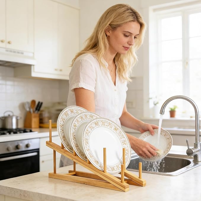 2 PCS Wooden Dish Rack Bamboo Drying Rack Stand Pot Lid Holder Kitchen Cabinet Organizer for Dish Plate Bowl Cup Pot Lid Cutting Board - Image 5