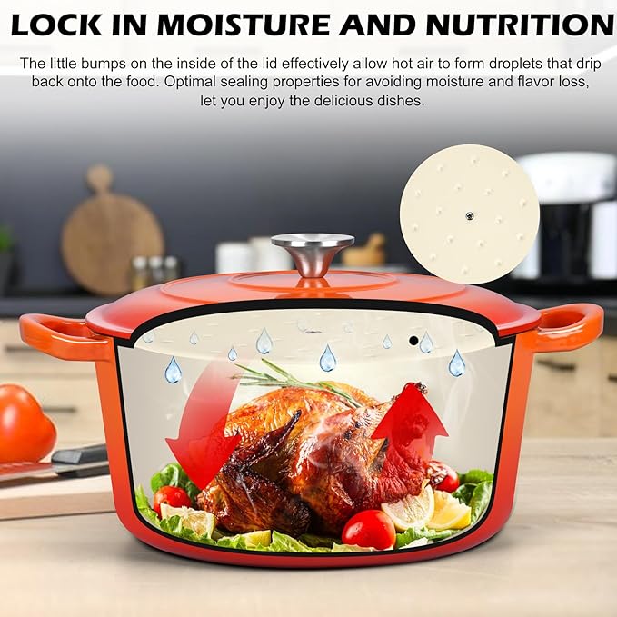 TeamFar Enameled Cast Iron Dutch Oven, 6QT Nonstick Dutch Oven Pot with Lid & Dual Handles for Bread Baking Braising Simmer Roasting, Non Toxic & Heavy Duty, Multi Stoves & Oven Safe - Orange - Image 5