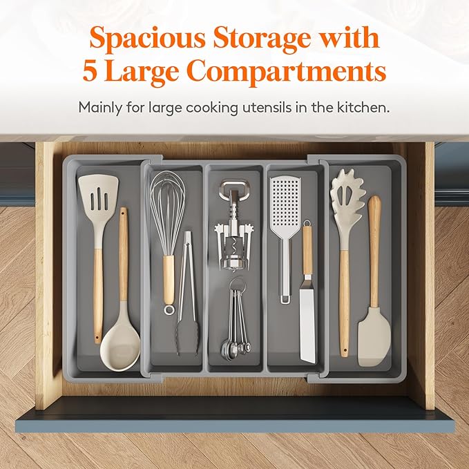 Lifewit Utensil Organizer for Kitchen Drawers, Expandable Cooking Utensil Tray, Adjustable Cutlery Silverware Flatware Holder, Plastic Spatula Tools Storage Divider, 13-22 x 15", Gray - Image 3