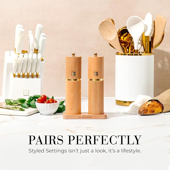Wooden Salt and Pepper Grinder Set – Refillable Manual Salt and Pepper Mills with Adjustable Ceramic Burrs, Gold Detailing, and Wood Stand - Image 2