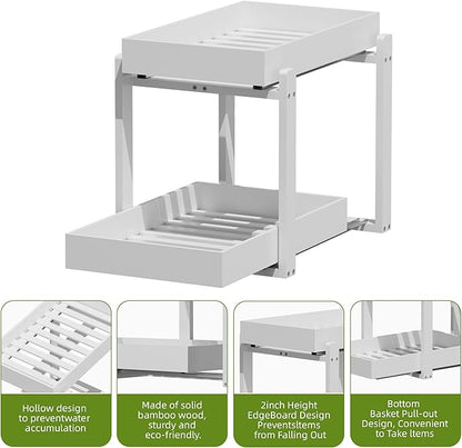 APRTAT 2 Pack Under Sink Organizer, Bamboo Wooden 2-Tier Pull-Out Storage with Sliding Drawers for Kitchen and Bathroom Cabinets, Easy Installation (White, 2 Packs)