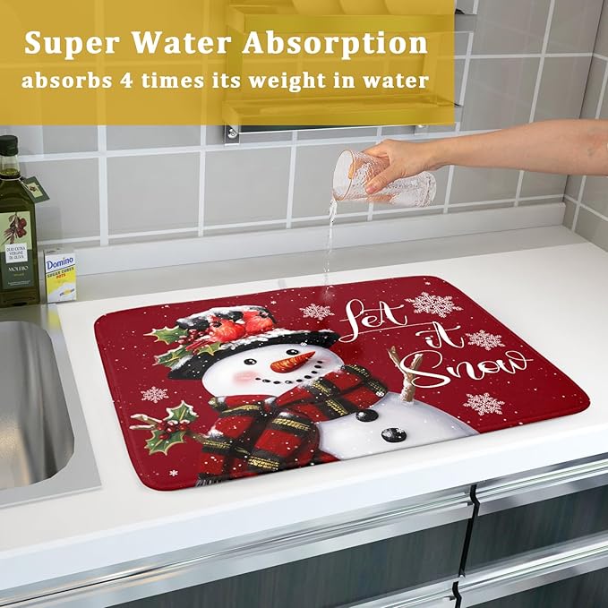 Christmas Dish Drying Mat for Kitchen Counter Snowman Let It Snow Microfiber Absorbent Dish Draining Reusable Washable Foldable Extra Large 18"x24" - Image 7