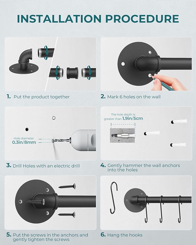 OROPY 38 inch Pot Bar Rack Wall Mounted Detachable Pans Hanging Rail Kitchen Lids Utensils Hanger with 14 S Hooks Black - Image 6
