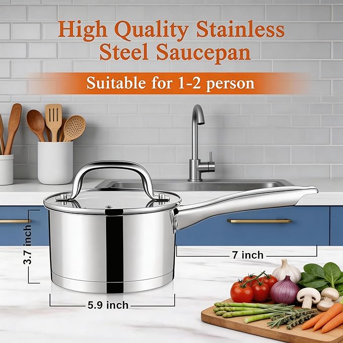 LIANYU 1 Quart Stainless Steel Saucepan, Small Sauce Pan with Lid, Tri-Ply Bottom Multipurpose Pot for Cooking, Straight Side, Dishwasher Safe, Compatible with All Cooktops