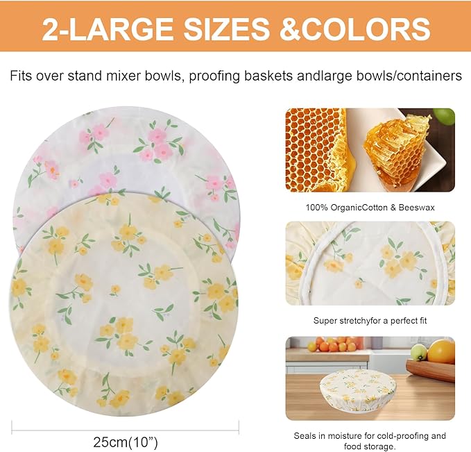 2Pcs Reusable Bowl Covers for Bread Proofing - Cotton Beeswax Bowl Covers Reusable with Elastic Rim, Eco-Friendly Sourdough Bowl Cover for Food Storage (10INCH) (small Flower)