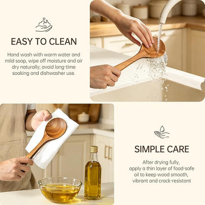 Wooden Utensil Set 11 Pcs - Natural Non-Toxic Acacia Wooden Spoons for Cooking, Nonstick, Sturdy, Easy to Clean, Wood Kitchen Utensils Set with Ceramic Spoon Rest & 10 Hooks, Ideal for Gifting