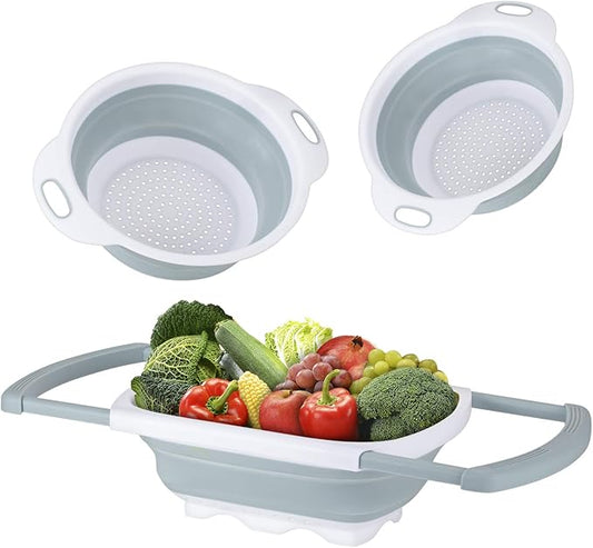 Colander Collapsible, Kitchen Strainer Colander, Collapsible Colander with Extendable Handles for Draining Veggies, Pasta,Fruit, Includes 6, 4 Quart Over the Sink Strainer Folding and 2 Quart Round by Dekostar