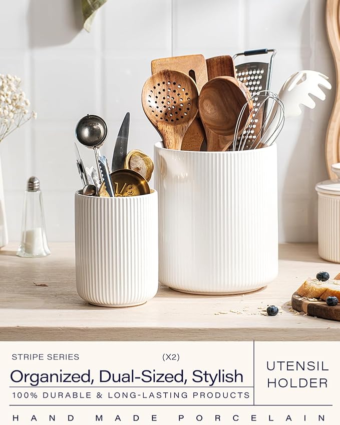 getstar Large Rotating Utensil Holder for Kitchen Counter,7.2"+5.4" Ceramic Utensils Crocks Set for Countertop Large & Small Utensil Organizer for Spatula Farmhouse Kitchen Decor - Image 2