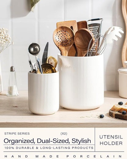 getstar Large Rotating Utensil Holder for Kitchen Counter,7.2"+5.4" Ceramic Utensils Crocks Set for Countertop Large & Small Utensil Organizer for Spatula Farmhouse Kitchen Decor - Image 2
