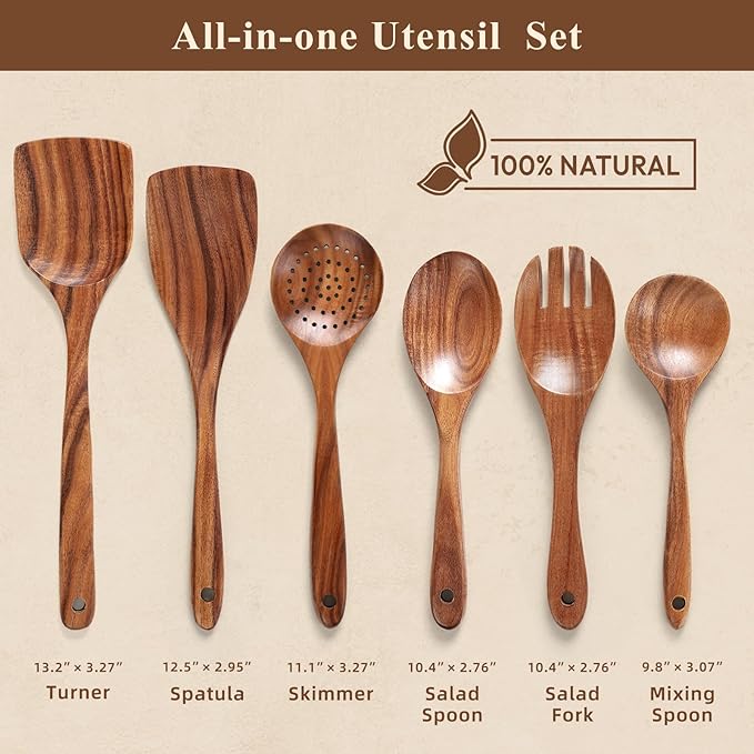 Premium Teak Wooden Spoons for Cooking, 6-Piece Wood Kitchen Utensils Set for Nonstick Cookware - Heat Resistant, Natural Healthy Spatula Set with Hanging Holes - Durable, Scratch-Free & Handcrafted - Image 2