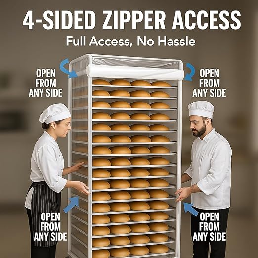 Bun Rack Cover – Transparent PVC with 4 Sided Zippers – Universal 20 Tier Sheet Pan & Speed Rack Cover – Heavy Duty, Waterproof & Dustproof Bread Rack Cover Bakery Rack Cover - Image 2