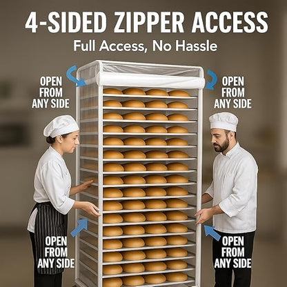 Bun Rack Cover – Transparent PVC with 4 Sided Zippers – Universal 20 Tier Sheet Pan & Speed Rack Cover – Heavy Duty, Waterproof & Dustproof Bread Rack Cover Bakery Rack Cover - Image 2