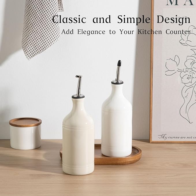 Sweejar Ceramic Olive Oil Dispenser Bottle Set, Opaque Oil Cruet Protects to Reduce Oxidation, Suitable For Storage Of Vinegar, Soy Sauce & Other Liquids,Pack of 2,15.5 Fl Oz（White Beige） - Image 2