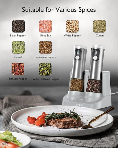 Electric Salt and Pepper Grinder Set, Upgraded 2-Speed Setting, External 5 Adjustable Coarseness, Battery Display Rechargeable Base, Stainless Steel Automatic Salt & Pepper Shaker Mill with LED, White - Image 8