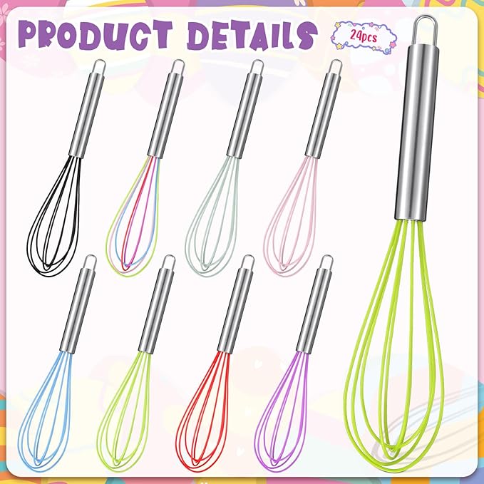 Domensi 24 Pcs 10 Inch Whisks Bulk for Cooking Silicone Whisks Non Scratch Stainless Steel Egg Beater Colorful Coated Metal Heat Resistant Egg Beaters for Valentines Day Party Favor Gift Supplies - Image 3