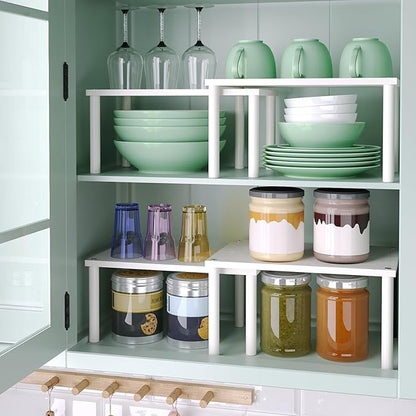 VERTORGAN Cabinet Organizer Shelf(Set of 2),Kitchen Counter Shelves,Bamboo Spice Rack Countertop and Cabinet,Stackable Expandable,Medium,(White)