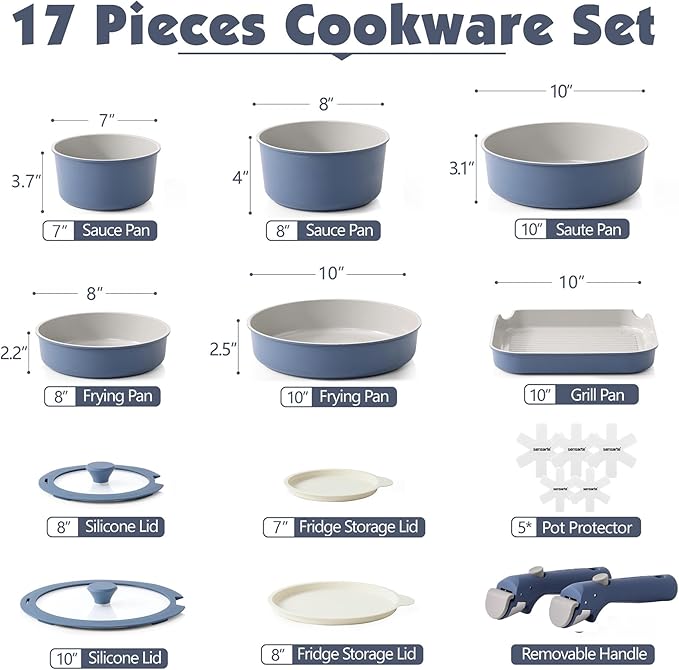 SENSARTE 17 Piece Ceramic Pots and Pans Set, Nonstick Detachable Handle Cookware, Induction Kitchen Cookware Set with Removable Handle, Dishwasher ＆ Oven Safe (Navy) - Image 2