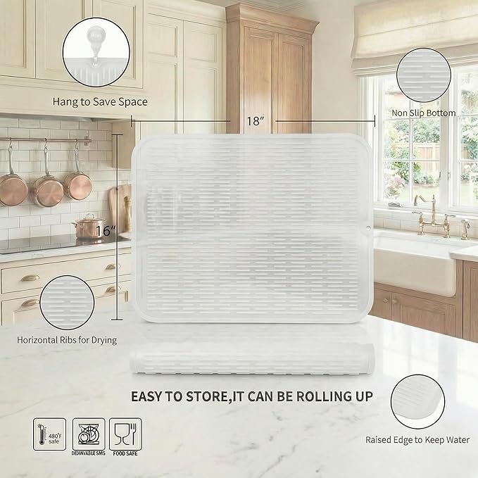 MicoYang Silicone Dish Drying Mat for Multiple Usage,Easy clean,Eco-friendly,Heat-resistant Silicone Mat for Kitchen Counter or Sink,Refrigerator or Drawer Liner Translucent XL 18 inches x 16 inches - Image 2