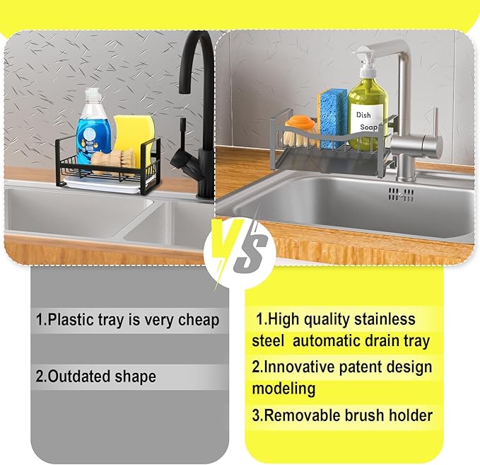 Maifan Stainless Steel Kitchen Sink Caddy Organizer with Auto Drain Tray, Sponge Holder for Countertop Storage Dark Gray - Image 4