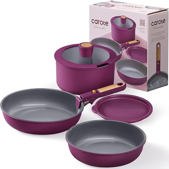 CAROTE Ceramic Pots and Pans Set, Nonstick Cookware Set Detachable Handle, 6pcs Induction Kitchen Cookware Sets Non Stick with Removable Handle, RV Cookware Set, Oven Safe, Purple - Image 9