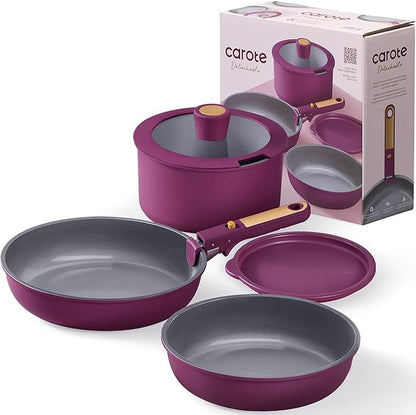 CAROTE Ceramic Pots and Pans Set, Nonstick Cookware Set Detachable Handle, 6pcs Induction Kitchen Cookware Sets Non Stick with Removable Handle, RV Cookware Set, Oven Safe, Purple - Image 9