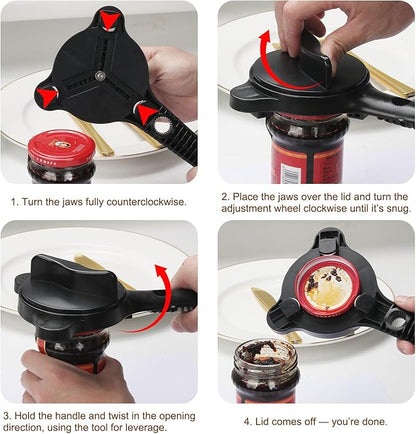 Jar Opener for Seniors, 4-in-1 Adjustable Lid Opener with Non-Slip Grip, Includes Magnetic Hook & Rubber Gripper, Suitable for Jars, Bottles and Beer Caps, Perfect for Arthritis and Weak Hands