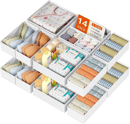 DIMJ Drawer Organizer Clothes, 14 Pack Dresser Organizer, Foldable Closet Organizers and Storage, Fabric Dresser Bins, Drawer Dividers for Nursery, Baby Clothes, Underwears, Sock (White) by DiMJ
