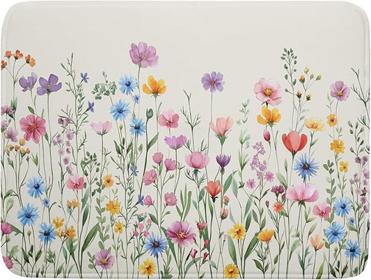 Giwawa Spring Floral Dish Drying Mat 18"x24" Watercolor Summer Wildflower Dish Drainer Mats Herb Flower Reversible Absorbent Dish Drying Pad Decor for Kitchen Countertop Dining Room