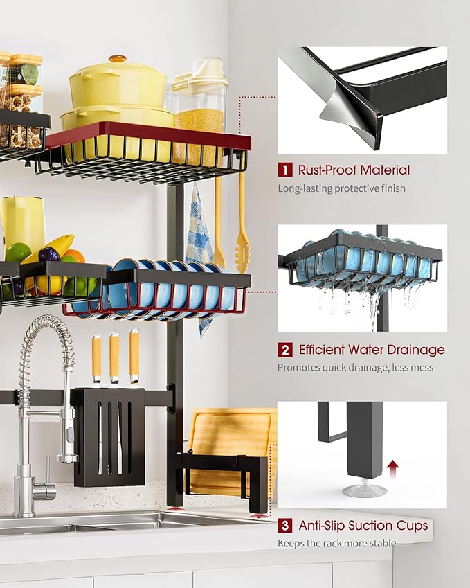 Sakugi Dish Drying Rack - Over The Sink Dish Drainer Drying Rack with Utensil & Knife Holder, Hooks, Stainless Steel Kitchen Organizers and Storage Solution, 11.8" D x 31.5"~39.0''W x 30" H, Black - Image 2
