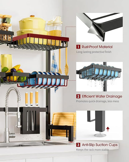 Sakugi Dish Drying Rack - Over The Sink Dish Drainer Drying Rack with Utensil & Knife Holder, Hooks, Stainless Steel Kitchen Organizers and Storage Solution, 11.8" D x 31.5"~39.0''W x 30" H, Black - Image 2