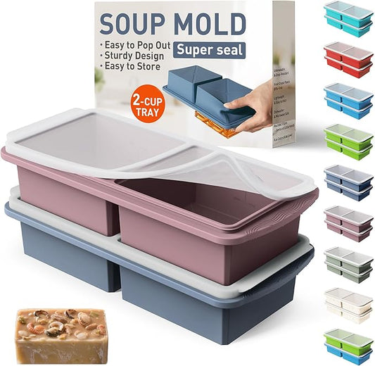 Silicone Freezer Tray with Lid Soup Freezer Container Molds with Steel Reinforced Rim Large Ice Cube Tray Makes 4 Perfect 2 Cup Portions Cubes Storage Food Housewarming Gift Kitchen Must Haves