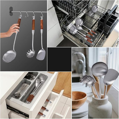 VALESKA Kitchen Utensils Set with Wood Handle, 6 Pieces Stainless Steel Utensils Set, Metal Cooking Utensils Set, Non-Stick and Heat Resistant - Image 5
