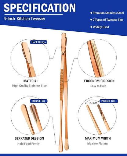 JETKONG 2 Pcs 9-Inch Kitchen Tweezers Cooking Tweezer Tongs Stainless Steel Food Tweezers (Rose Gold) - Image 2