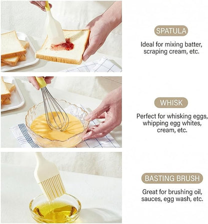 3-Piece Baking Tools Set with Silicone Spatulas, Stainless Steel Whisks & Pastry Brushes – Essential Kitchen Utensils for Cake Decorating, Mixing, Cooking & Baking Needs