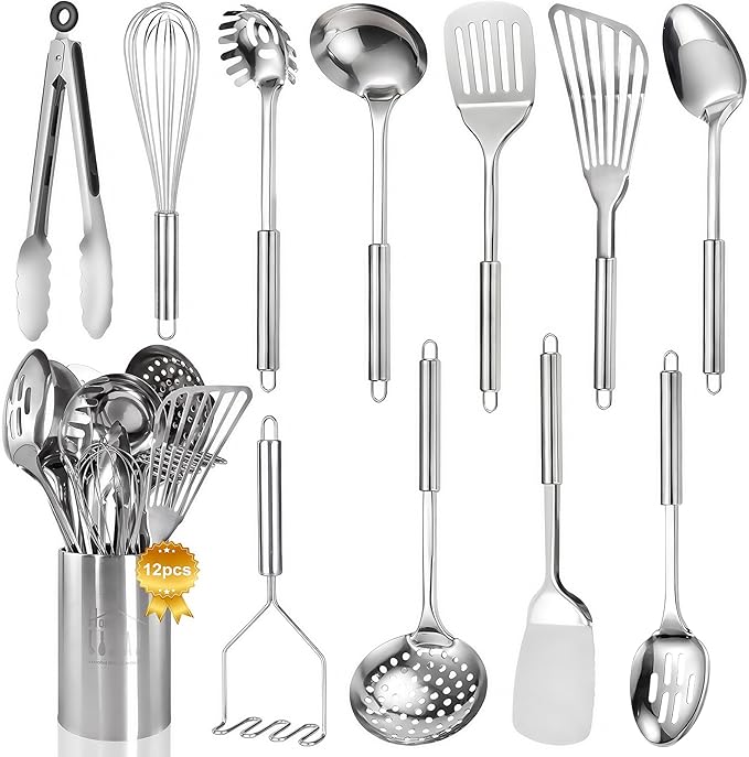 Stainless Steel Kitchen Utensils Set - 12pcs Cooking Utensils Set with Holder, Heat Resistant Kitchen Tool Set for Cooking with Turners, Potato Masher, Spatula, Spoons, Tongs, Whisk by Blithely