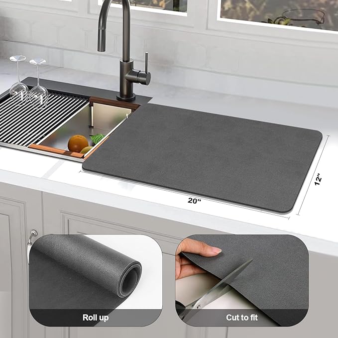 Findosom Dish Drying Mat, 12"x 20" Super Absorbent & Hide Stain Coffee Mat, Cuttable Drying Mat for Kitchen Counter, Coffee Bar Accessories, Under Dish Rack, Coffee Maker, Espresso Machine, DarkGrey-2 - Image 2