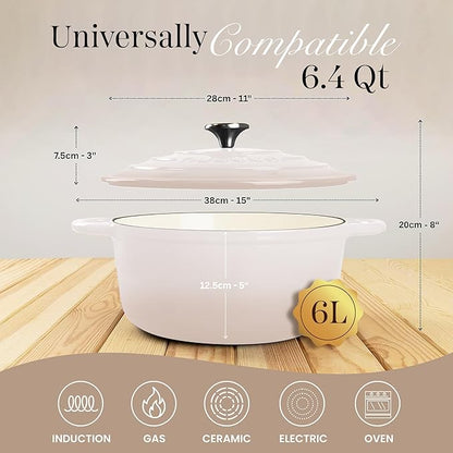 Nuovva Enamelled Cast Iron Dutch Oven Pot with Lid 6.4 Quart Non Stick Casserole Pot – Heavy Duty & Oven Safe up to 500° F for Bread Baking, Braising, Stews, Roasting – 28cm Oyster - Image 2