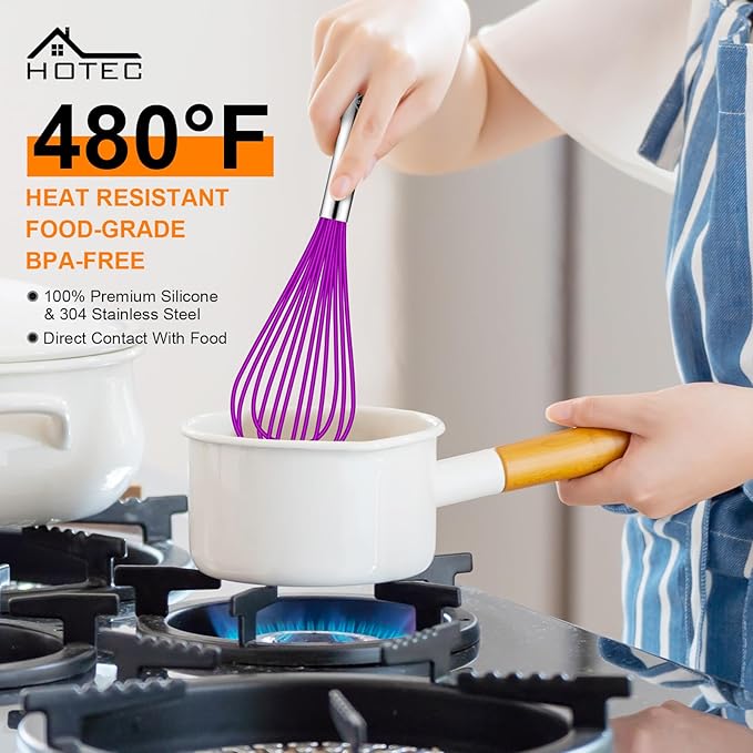 HOTEC 4 Pieces Silicone Whisks Set, Wire Balloon Whisks Egg Beater, Non-slip Handle Whisk for Non-stick Cookware Perfect for Cooking, Stirring, Beating and Blending (Purple) - Image 5