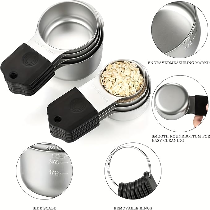 Magnetic Measuring Cups,Stainless Steel Kitchen Aid Cups Measuring set for Liquid & Dry Ingredient,Easy to Read Dishwasher Safe 5 Pcs Black